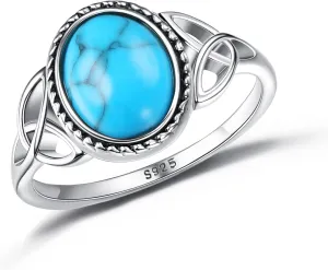 MILACOLATO Sterling Silver Turquoise Rings for Women Handmade Vintage Celtic Knot Rings 18K White Gold Plated Bohemian Oval Ring Victorian Style Western Turquoise Ring