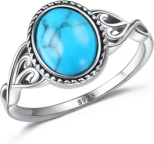 MILACOLATO Sterling Silver Turquoise Rings for Women Handmade Vintage Celtic Knot Rings 18K White Gold Plated Bohemian Oval Ring Victorian Style Western Turquoise Ring