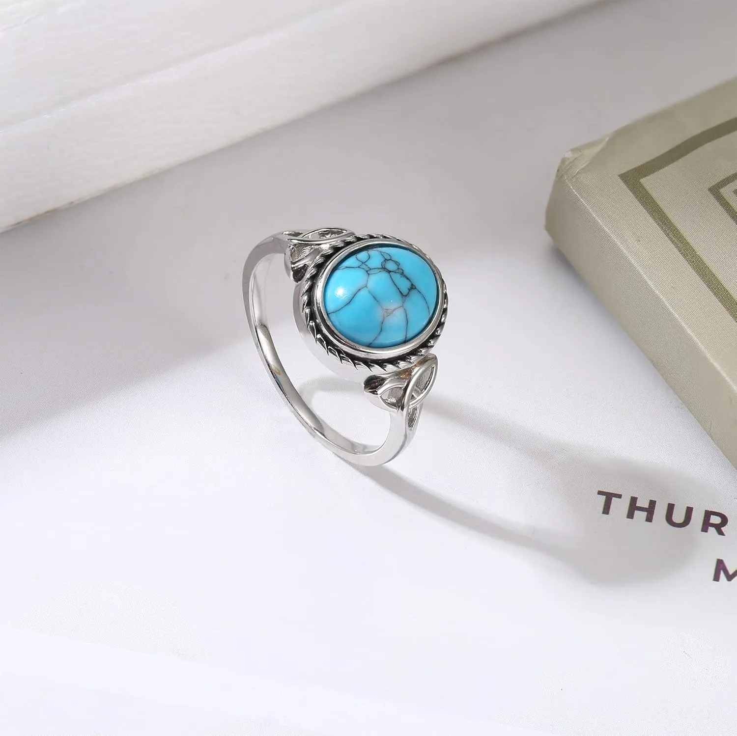 MILACOLATO Sterling Silver Turquoise Rings for Women Handmade Vintage Celtic Knot Rings 18K White Gold Plated Bohemian Oval Ring Victorian Style Western Turquoise Ring