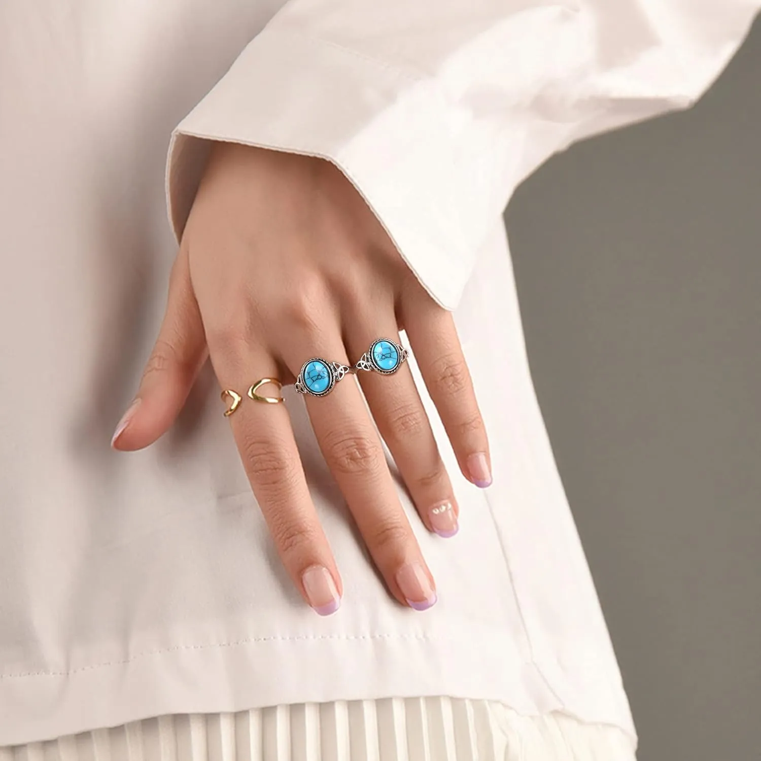 MILACOLATO Sterling Silver Turquoise Rings for Women Handmade Vintage Celtic Knot Rings 18K White Gold Plated Bohemian Oval Ring Victorian Style Western Turquoise Ring