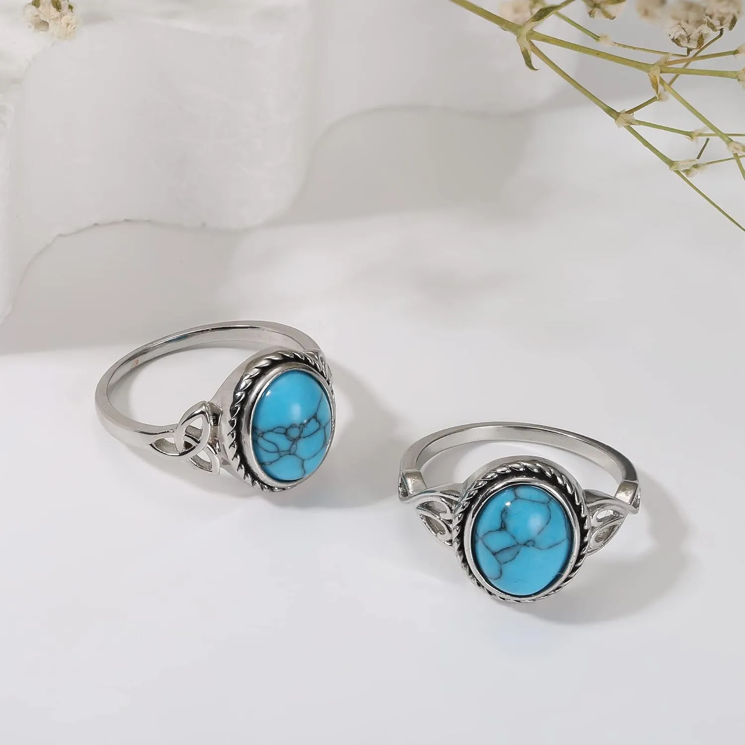 MILACOLATO Sterling Silver Turquoise Rings for Women Handmade Vintage Celtic Knot Rings 18K White Gold Plated Bohemian Oval Ring Victorian Style Western Turquoise Ring