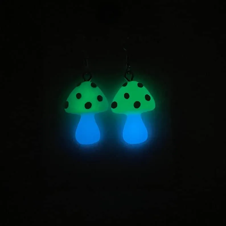 Mini Magic Mushroom Dangle Earrings, Glow In The Dark Womens Festival Rave Jewelry, Cute Fun Quirky Gift For Her, Nature Lover Accessories (Glow Green/Blue)