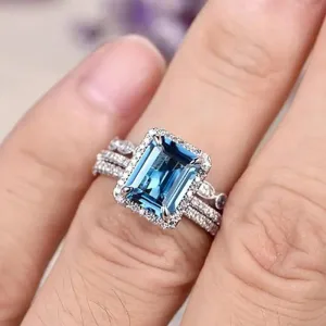 Mnyixsi Platinum Plated 925 Sterling Silver Sapphire Engagement Wedding Ring Set AAAAA Cz 925 Sterling Silver 3pcs Square Shape White Blue Gemstone Rings Set Size 8