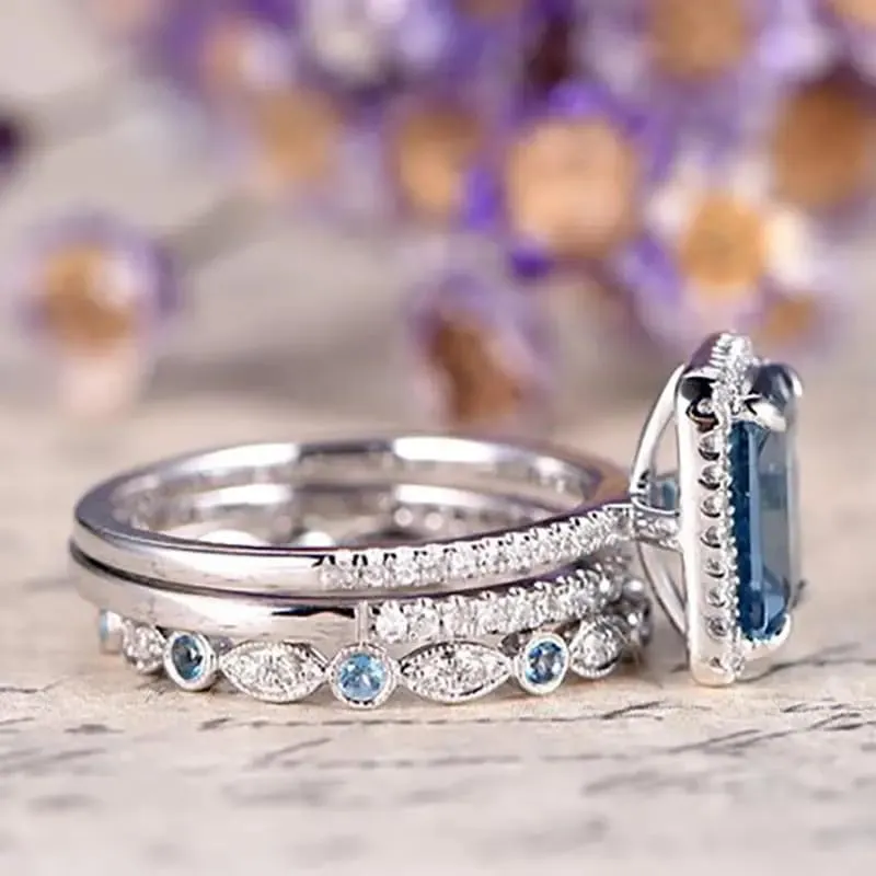 Mnyixsi Platinum Plated 925 Sterling Silver Sapphire Engagement Wedding Ring Set AAAAA Cz 925 Sterling Silver 3pcs Square Shape White Blue Gemstone Rings Set Size 8