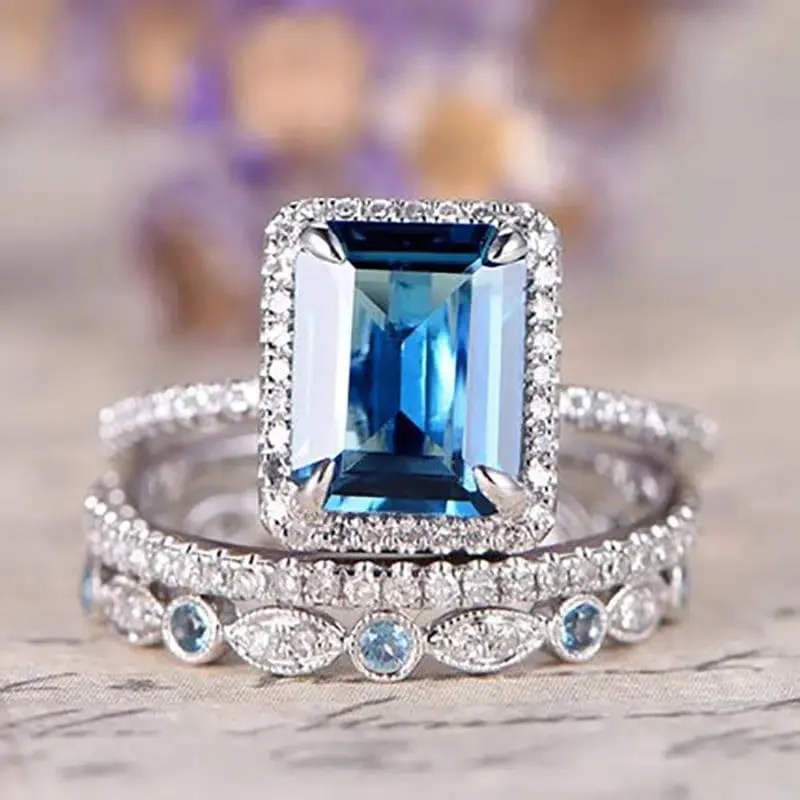 Mnyixsi Platinum Plated 925 Sterling Silver Sapphire Engagement Wedding Ring Set AAAAA Cz 925 Sterling Silver 3pcs Square Shape White Blue Gemstone Rings Set Size 8