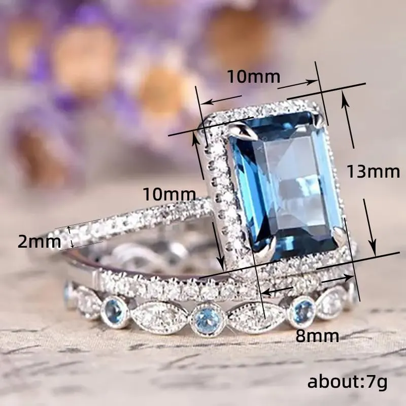 Mnyixsi Platinum Plated 925 Sterling Silver Sapphire Engagement Wedding Ring Set AAAAA Cz 925 Sterling Silver 3pcs Square Shape White Blue Gemstone Rings Set Size 8