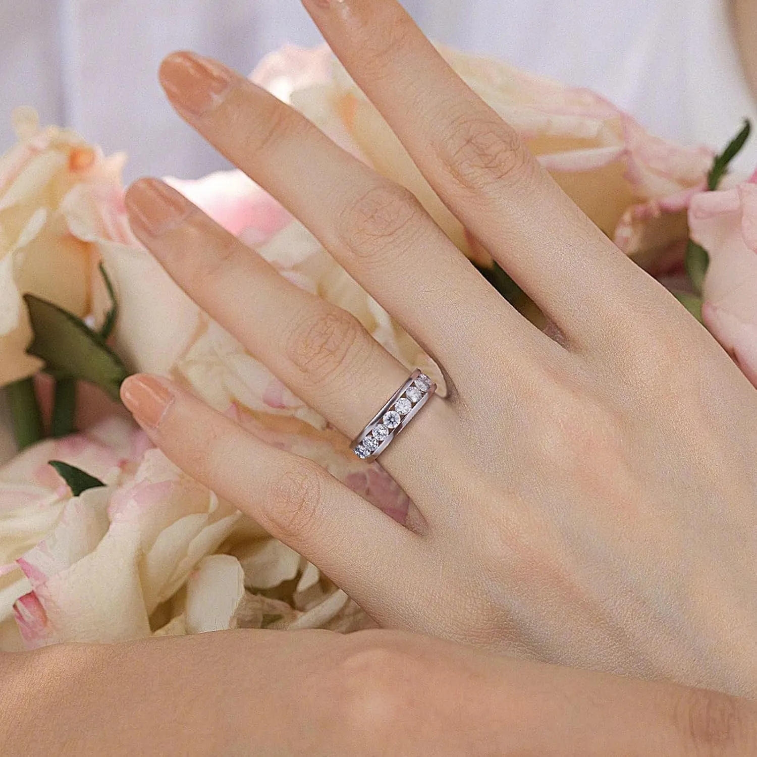 Moissanite Rings for Women,D Color VVS1 Moissanite Eternity Rings for Women 18K White Gold Plated 925 Sterling Silver Wedding Band Ring for Women