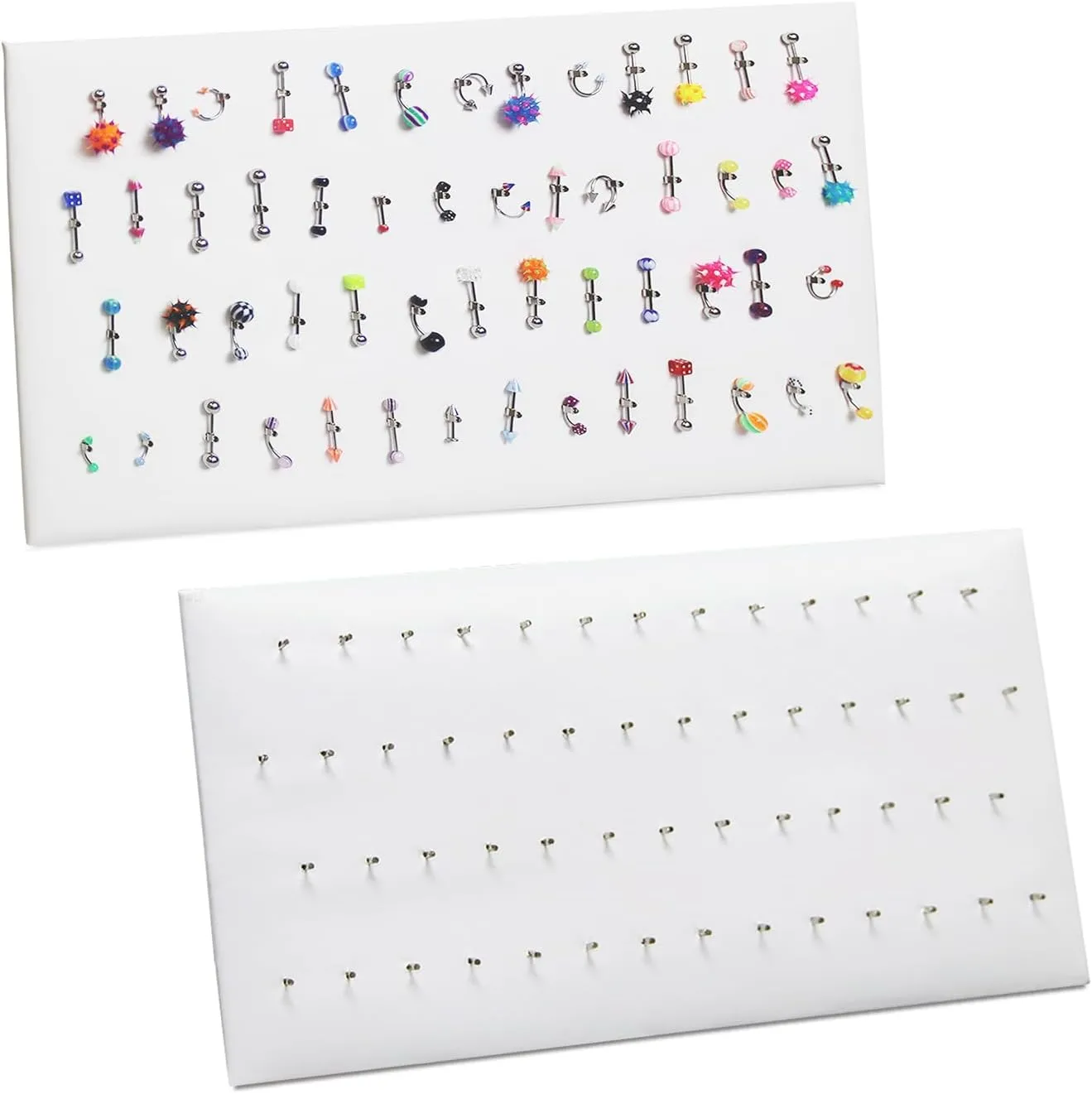 MOOCA 54 Clip Pendant/Body Jewelry Showcase Display Pad with Built in Easel for Belly Button Rings, Tongue Rings and Industrial Barbell Organizer, White Leatherette, 2 Pieces Set