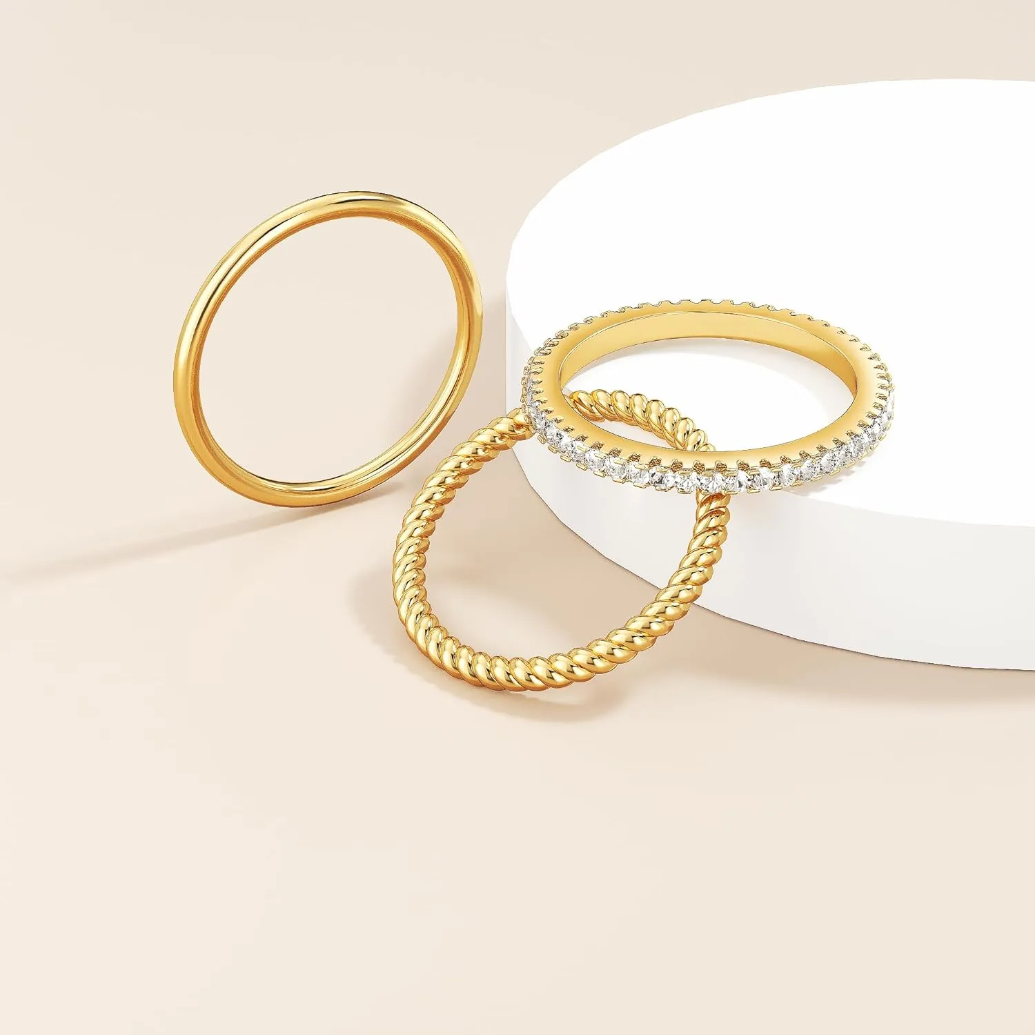 Moodear 3PCS Thin Stackable Ring Set - Dainty 14K Gold Plated Thumb CZ Rings for Women Non Tarnish Size 5-12