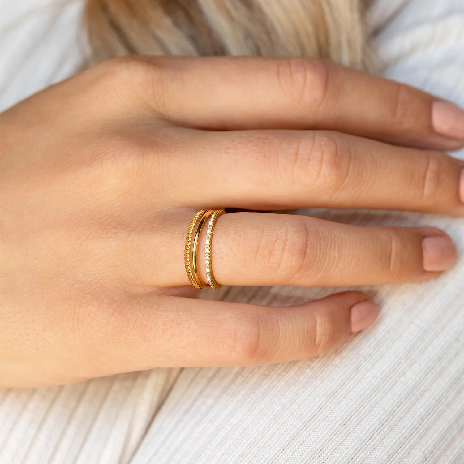 Moodear 3PCS Thin Stackable Ring Set - Dainty 14K Gold Plated Thumb CZ Rings for Women Non Tarnish Size 5-12
