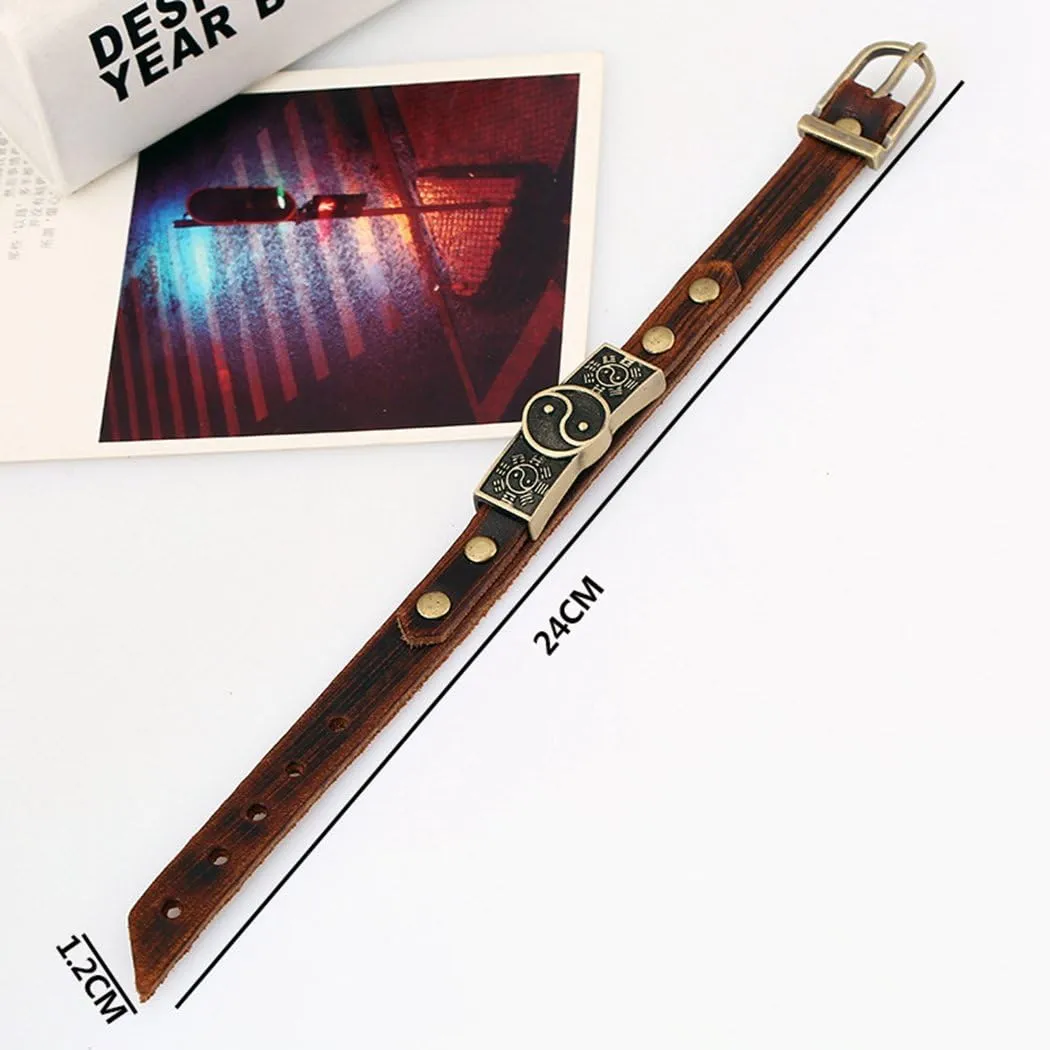 MORE FUN Vintage Style Metal Buckle Clasp Handmade Brown Leather Bracelet