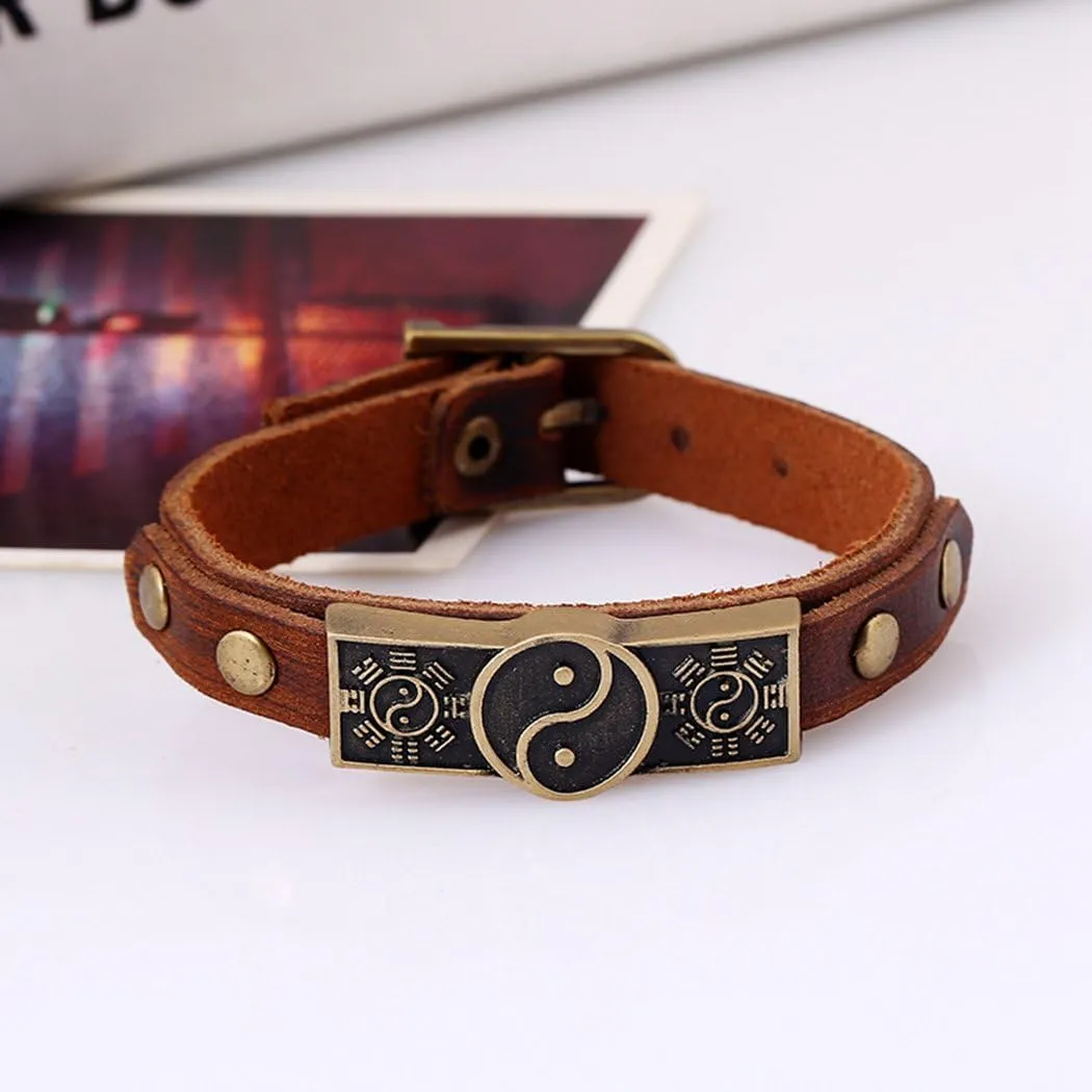 MORE FUN Vintage Style Metal Buckle Clasp Handmade Brown Leather Bracelet