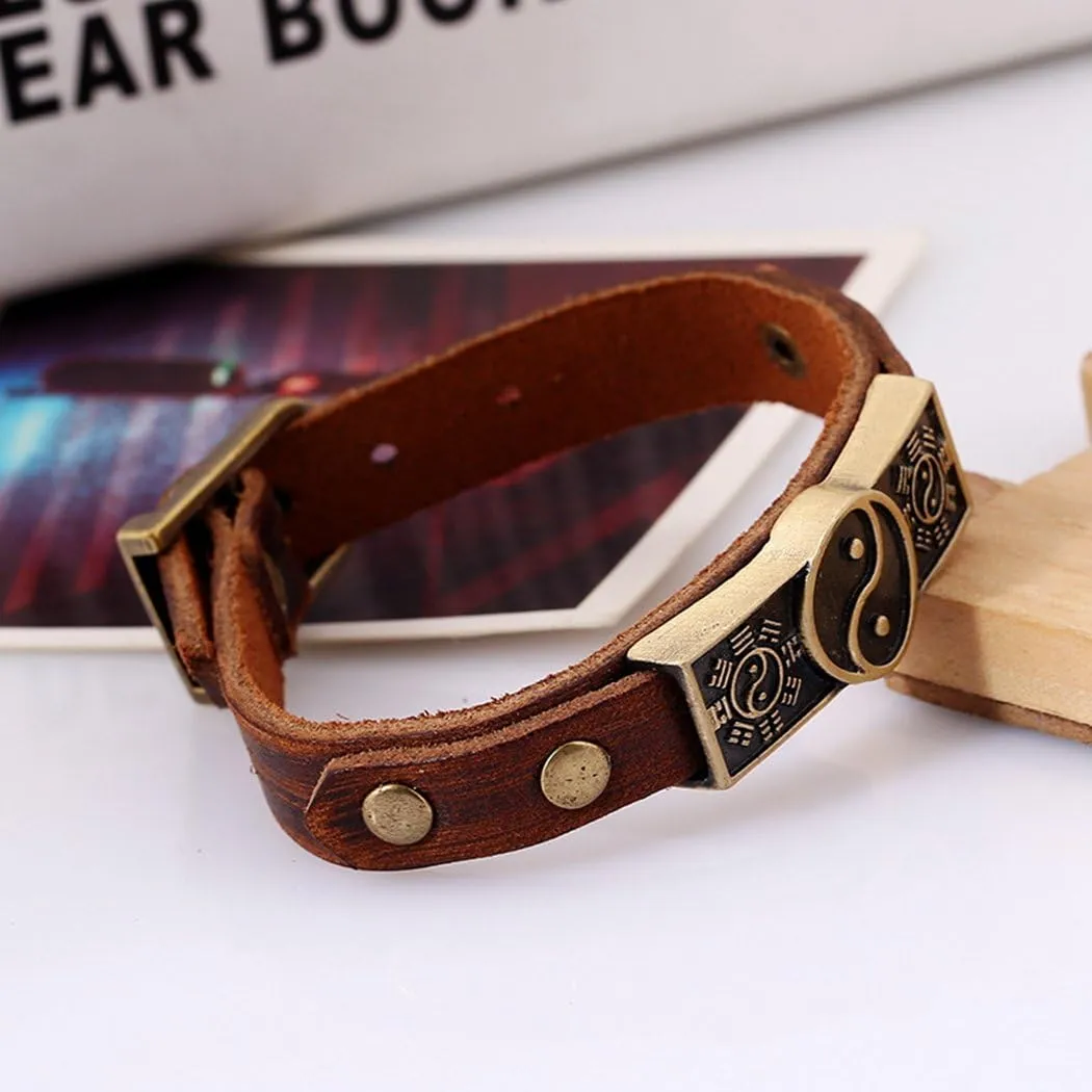 MORE FUN Vintage Style Metal Buckle Clasp Handmade Brown Leather Bracelet