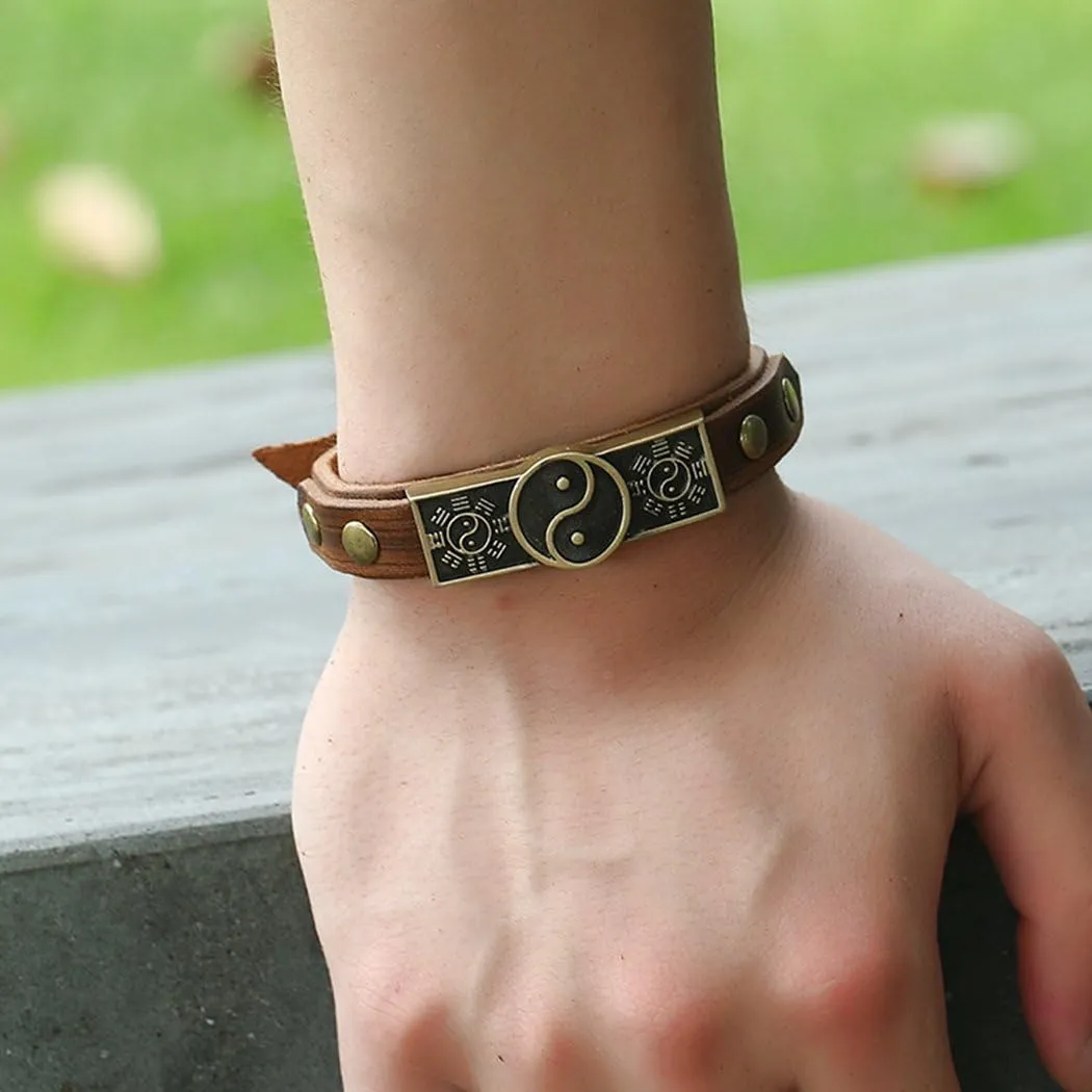 MORE FUN Vintage Style Metal Buckle Clasp Handmade Brown Leather Bracelet