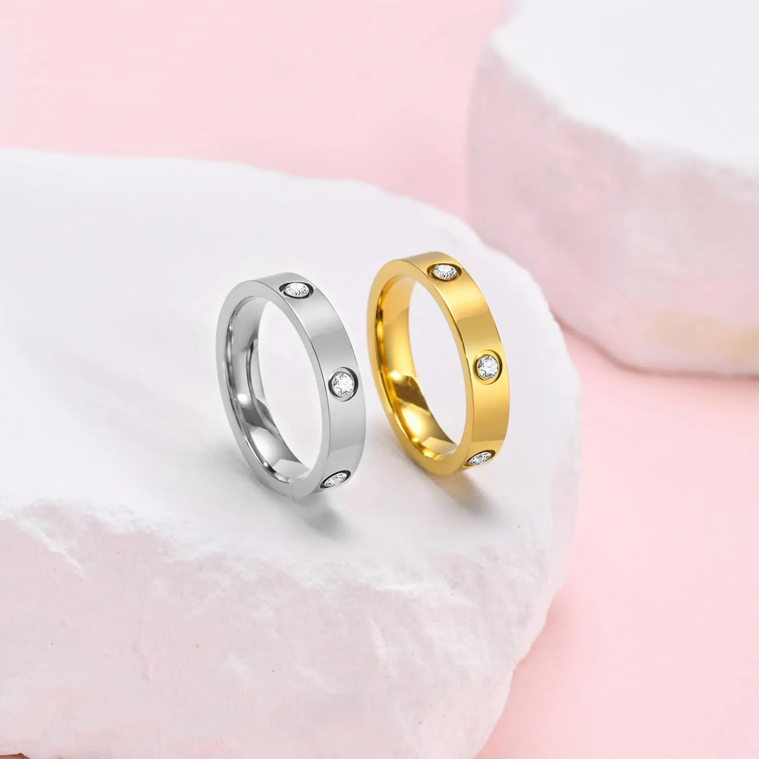 MPRAINBOW Gold Rings for Women, 18K Gold Plated Stainless Steel Cubic Zirconia Friendship Band Wedding Party Trendy Jewelry Gift Non-Tarnish,Christmas Birthday Gifts for Her Girlfriend