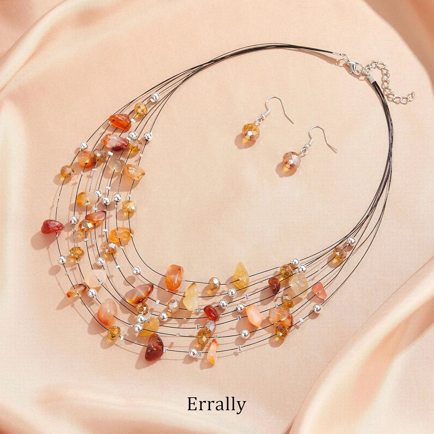 Multi-Layer Boho Shell Beaded Necklace for Women Colorful Crystal Strand with Silver Beads Statement Collars Necklace and Earrings Costumes Jewelry Sets for Women