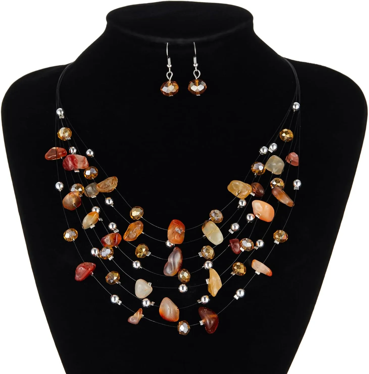 Multi-Layer Boho Shell Beaded Necklace for Women Colorful Crystal Strand with Silver Beads Statement Collars Necklace and Earrings Costumes Jewelry Sets for Women