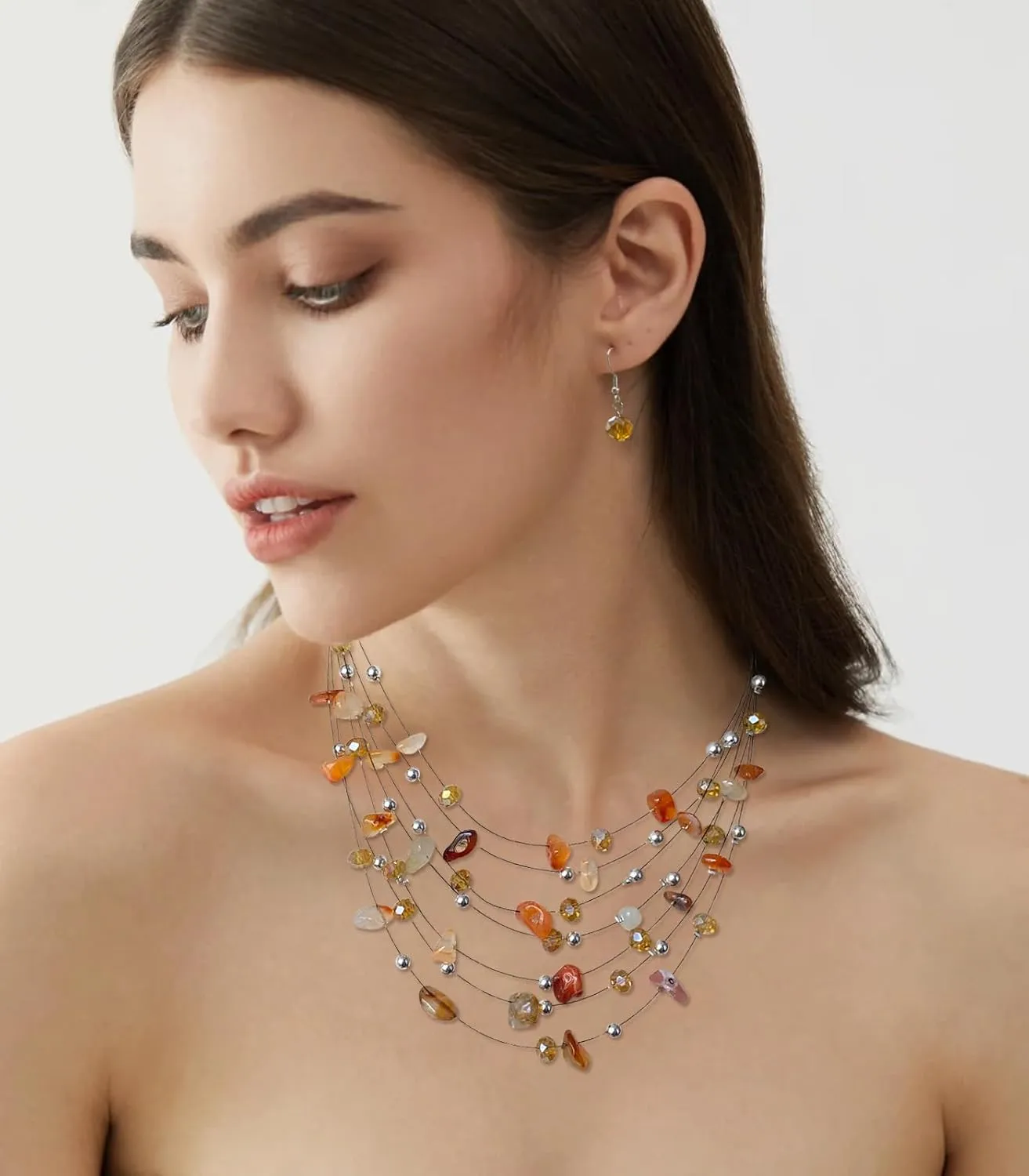 Multi-Layer Boho Shell Beaded Necklace for Women Colorful Crystal Strand with Silver Beads Statement Collars Necklace and Earrings Costumes Jewelry Sets for Women