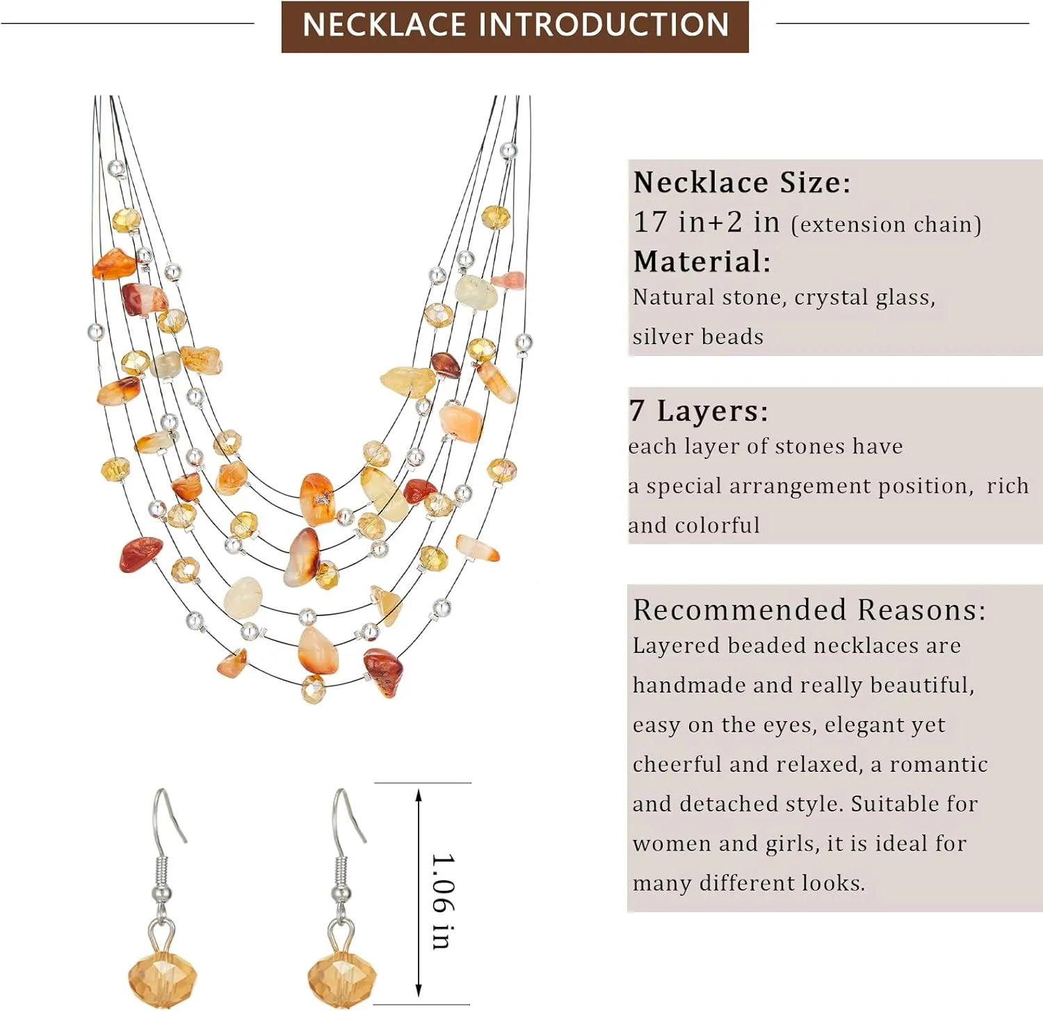 Multi-Layer Boho Shell Beaded Necklace for Women Colorful Crystal Strand with Silver Beads Statement Collars Necklace and Earrings Costumes Jewelry Sets for Women