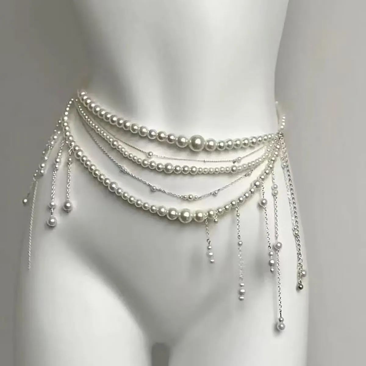 Multilayer Pearl Tassel Waist Chain Trendy Flower Waistband White Pearl Body Chain Flower Long Tassel Pendant Waist Chain Wedding Bridal Dress Belt for Women