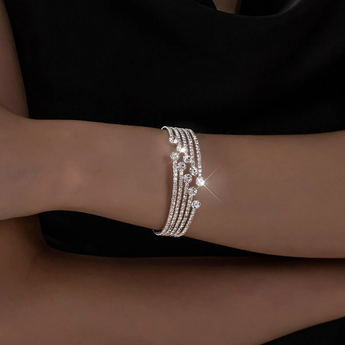 Multilayer Rhinestone Bridal Bracelet Adjustable Water Diamond Elastic Cuff Bracelet Chunky Silver Bracelet Sparkling Crystal Bangle for Women