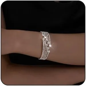 Multilayer Rhinestone Bridal Bracelet Adjustable Water Diamond Elastic Cuff Bracelet Chunky Silver Bracelet Sparkling Crystal Bangle for Women