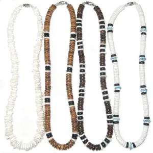 Native Treasure (4 Pack) Mens and Womens Summer Beach Surfer Necklaces From the Philippines, White Ark Shells with Brown and Black Coconut Beads