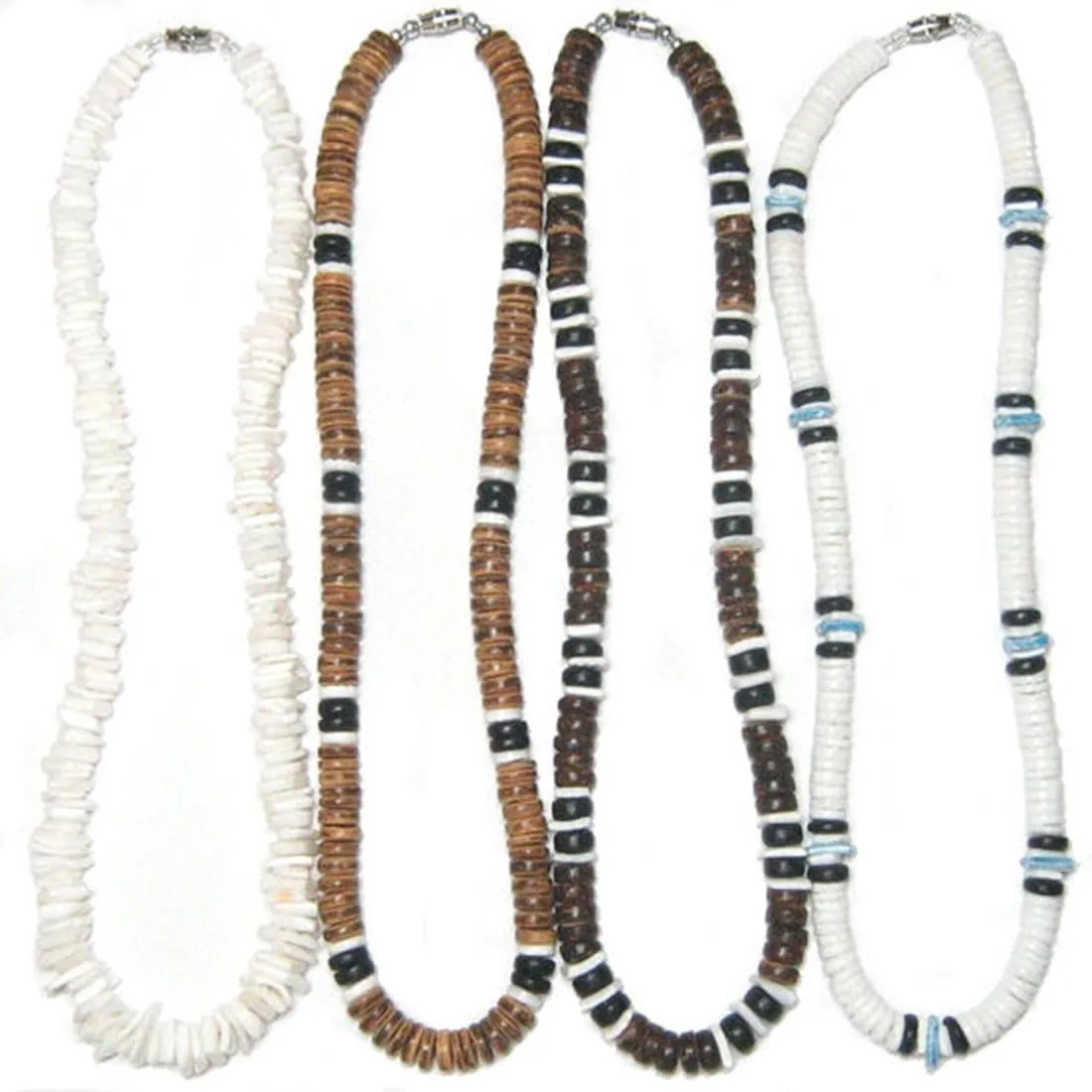 Native Treasure (4 Pack) Mens and Womens Summer Beach Surfer Necklaces From the Philippines, White Ark Shells with Brown and Black Coconut Beads