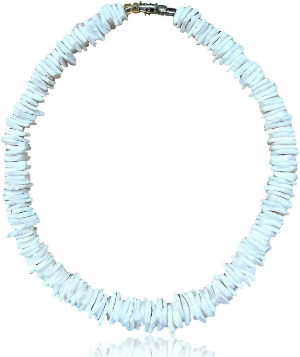 Native Treasure Mens and Womens Summer Beach Surfer Necklace From the Philippines, White Rose Clam Chips Ark Shells