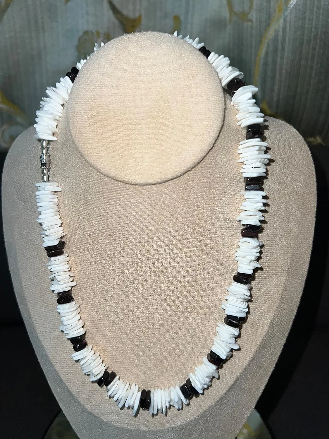 Native Treasure Mens and Womens Summer Beach Tropical Necklace From the Philippines, White Rose Clam Chips Ark Shells with Black Clam Chips Accents