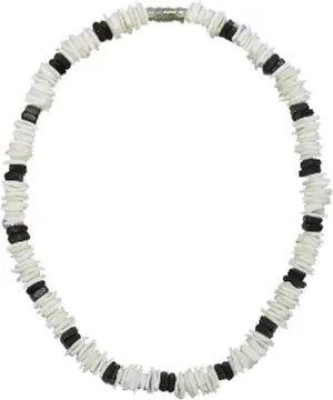 Native Treasure Mens and Womens Summer Beach Tropical Necklace From the Philippines, White Rose Clam Chips Ark Shells with Black Clam Chips Accents