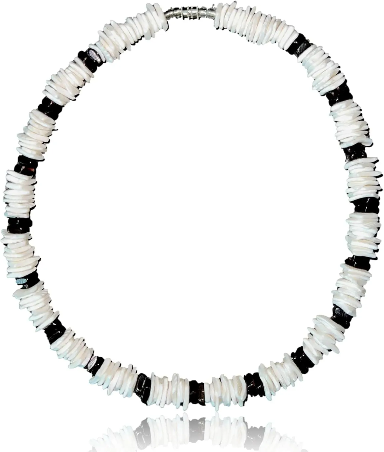 Native Treasure Mens and Womens Summer Beach Tropical Necklace From the Philippines, White Rose Clam Chips Ark Shells with Black Clam Chips Accents