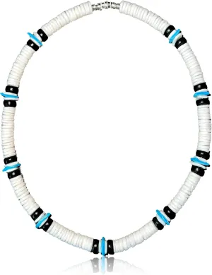 Native Treasure Mens and Womens Tropical Summer Beach Surfer Necklace From the Philippines, White Ark Shells, Black Coconut Beads, Mens Shell Necklace