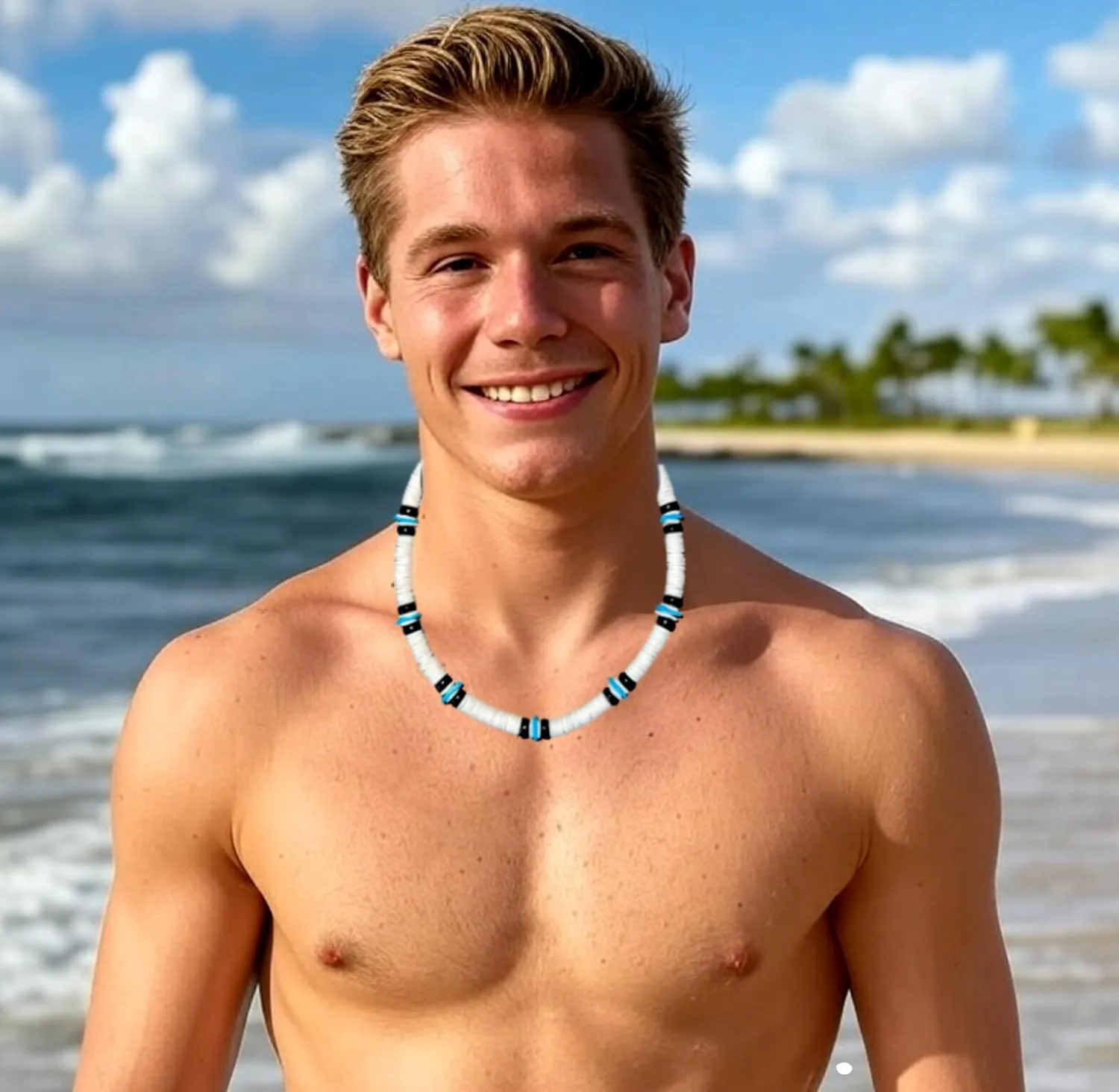 Native Treasure Mens and Womens Tropical Summer Beach Surfer Necklace From the Philippines, White Ark Shells, Black Coconut Beads, Mens Shell Necklace