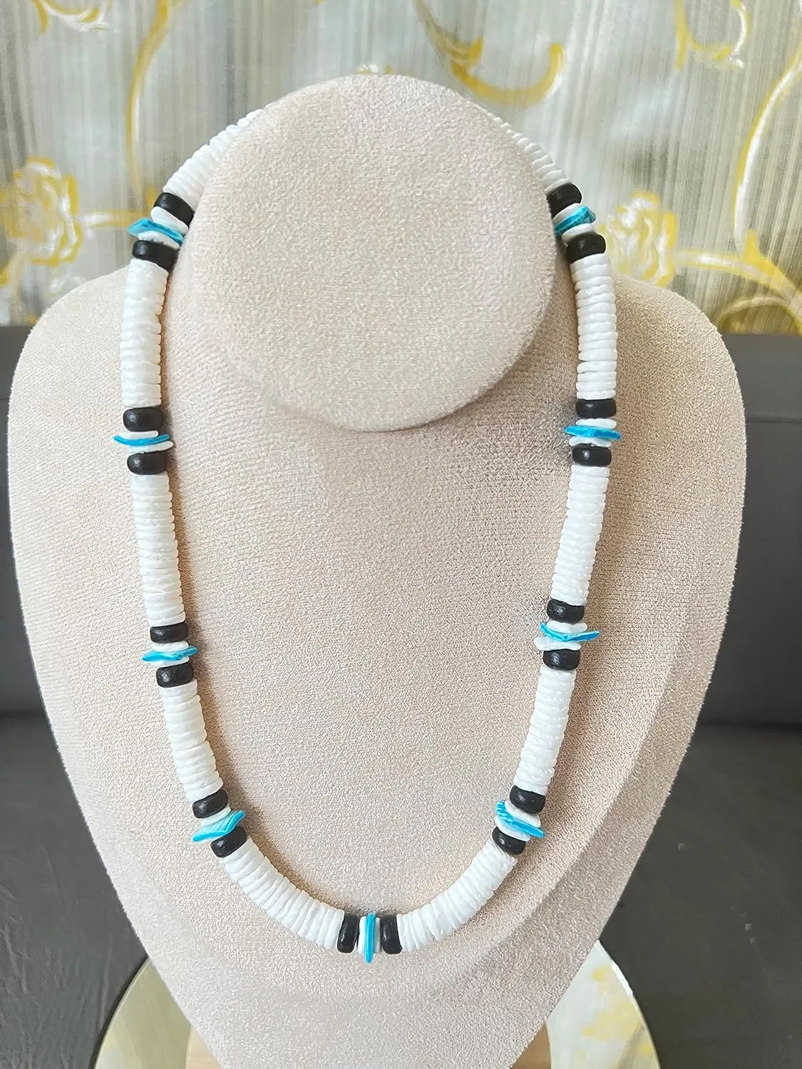 Native Treasure Mens and Womens Tropical Summer Beach Surfer Necklace From the Philippines, White Ark Shells, Black Coconut Beads, Mens Shell Necklace