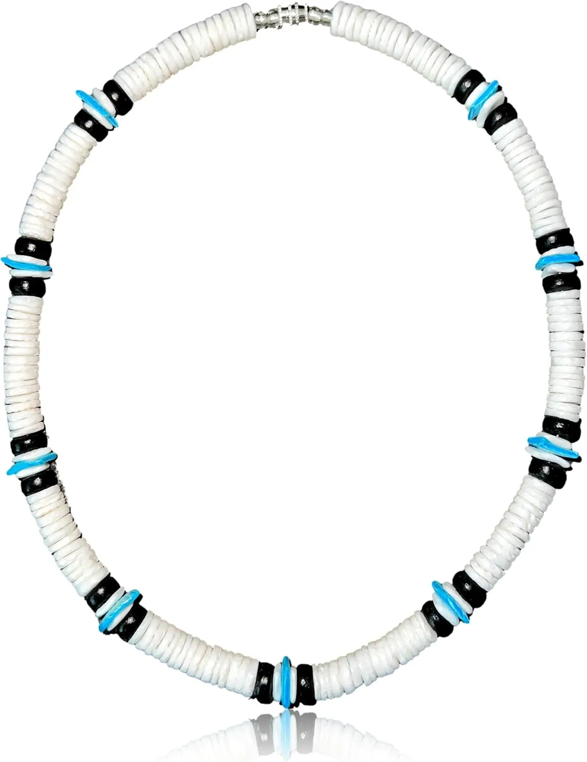 Native Treasure Mens and Womens Tropical Summer Beach Surfer Necklace From the Philippines, White Ark Shells, Black Coconut Beads, Mens Shell Necklace
