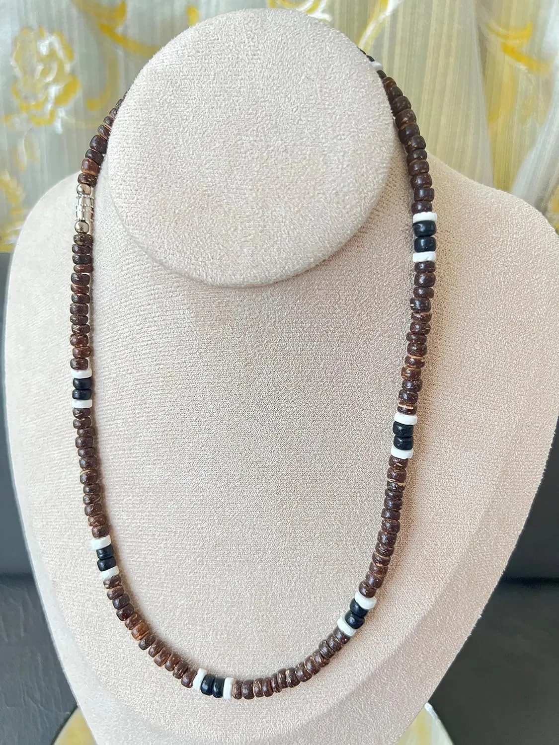 Native Treasure Mens Beach Necklace From the Philippines, Brown Coconut Beads and White Ark Shells