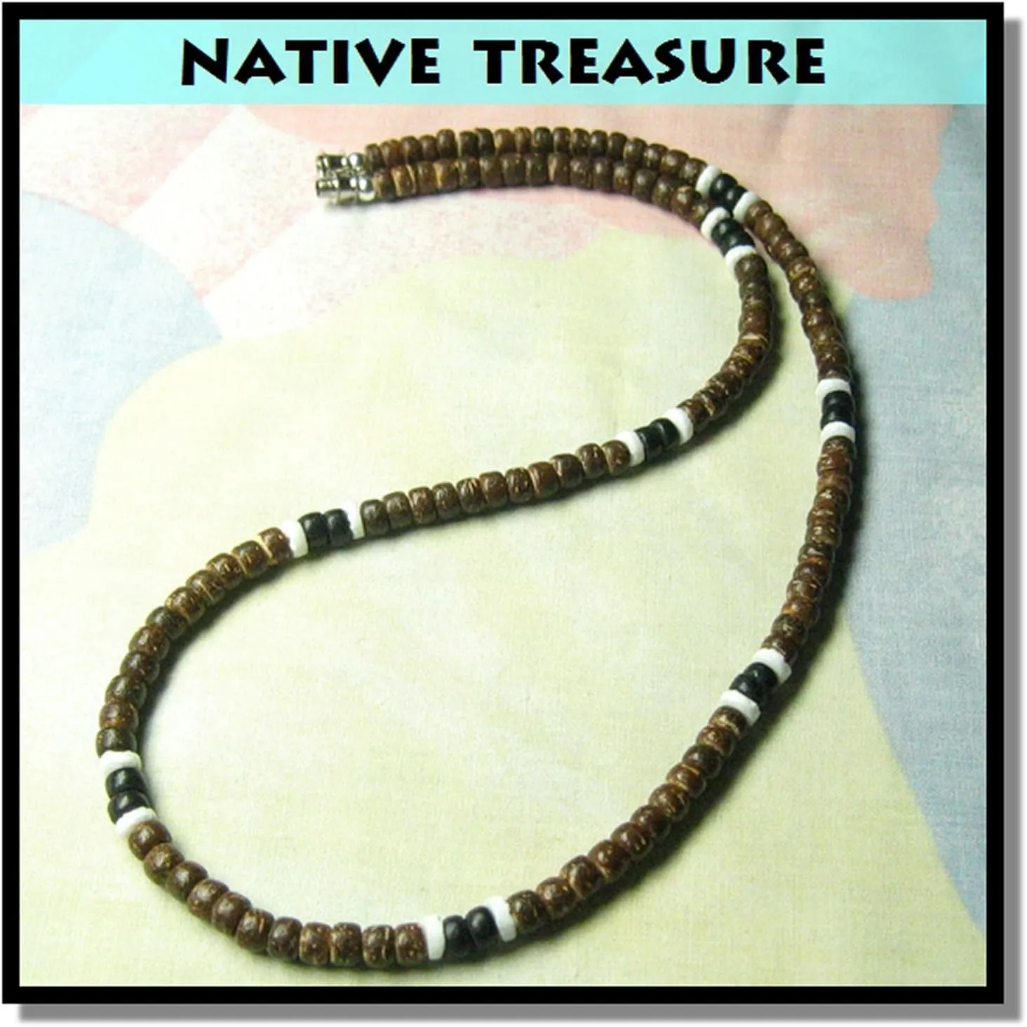 Native Treasure Mens Beach Necklace From the Philippines, Brown Coconut Beads and White Ark Shells