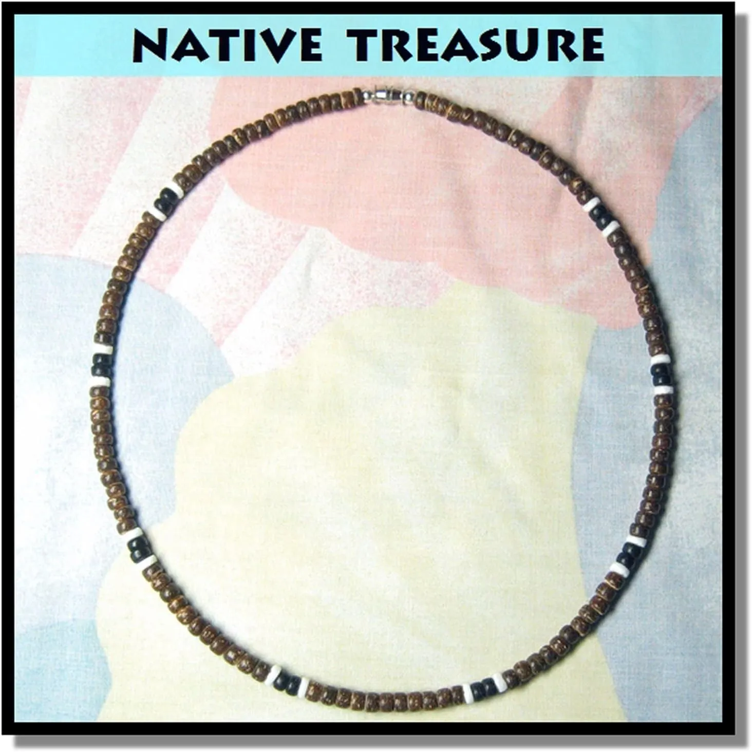 Native Treasure Mens Beach Necklace From the Philippines, Brown Coconut Beads and White Ark Shells