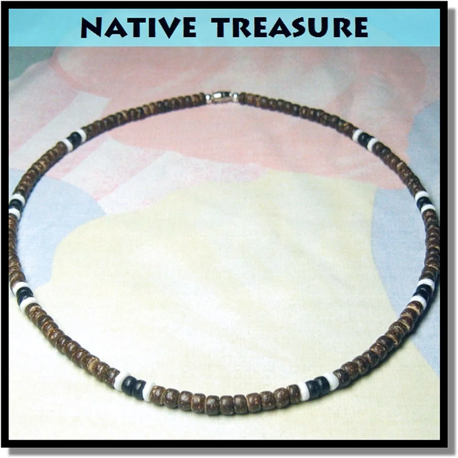 Native Treasure Mens Beach Necklace From the Philippines, Brown Coconut Beads and White Ark Shells