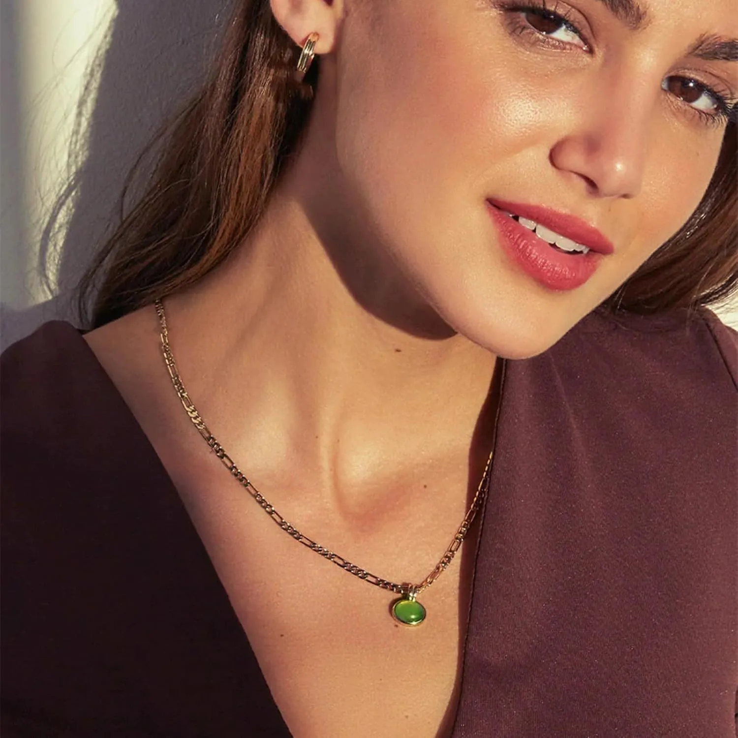 Natural Green Aventurine Stone Pendant Necklace for Women Dainty 18K Plated Gold Chain Choker Necklace,Layered Necklace,Jewelry Set Non Tarnish