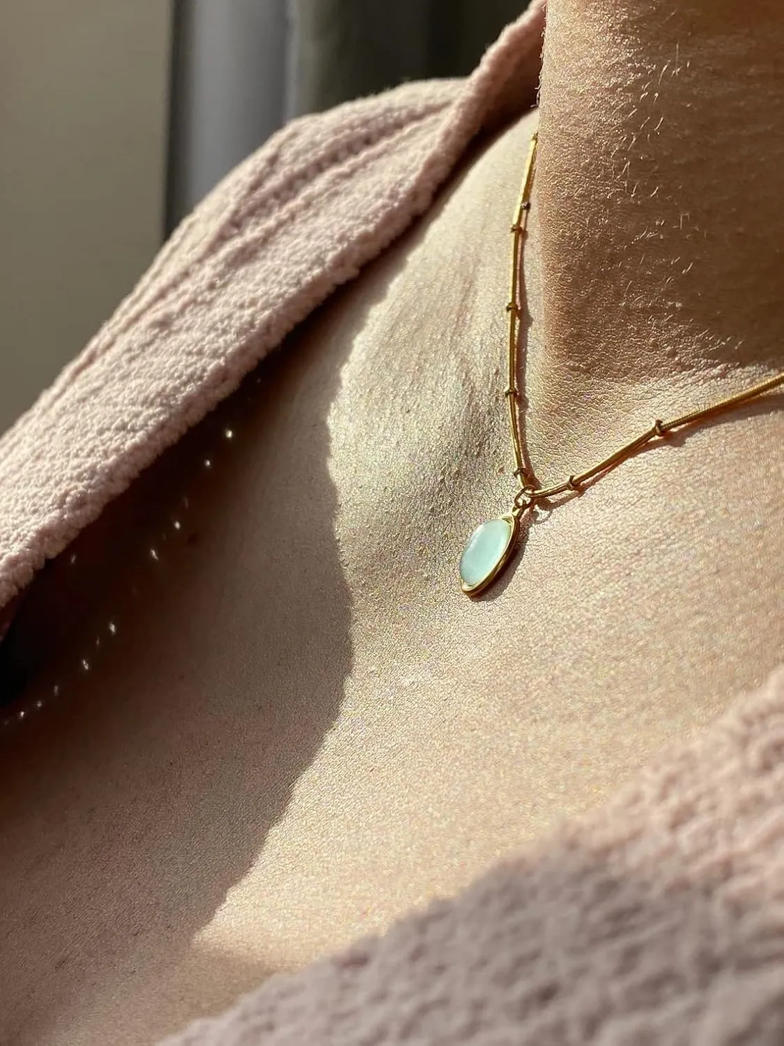 Natural Green Aventurine Stone Pendant Necklace for Women Dainty 18K Plated Gold Chain Choker Necklace,Layered Necklace,Jewelry Set Non Tarnish