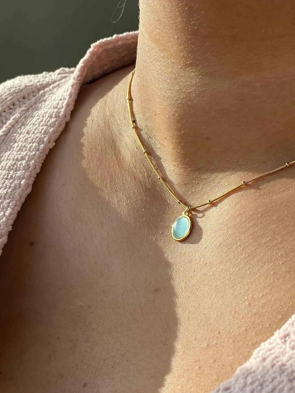Natural Green Aventurine Stone Pendant Necklace for Women Dainty 18K Plated Gold Chain Choker Necklace,Layered Necklace,Jewelry Set Non Tarnish