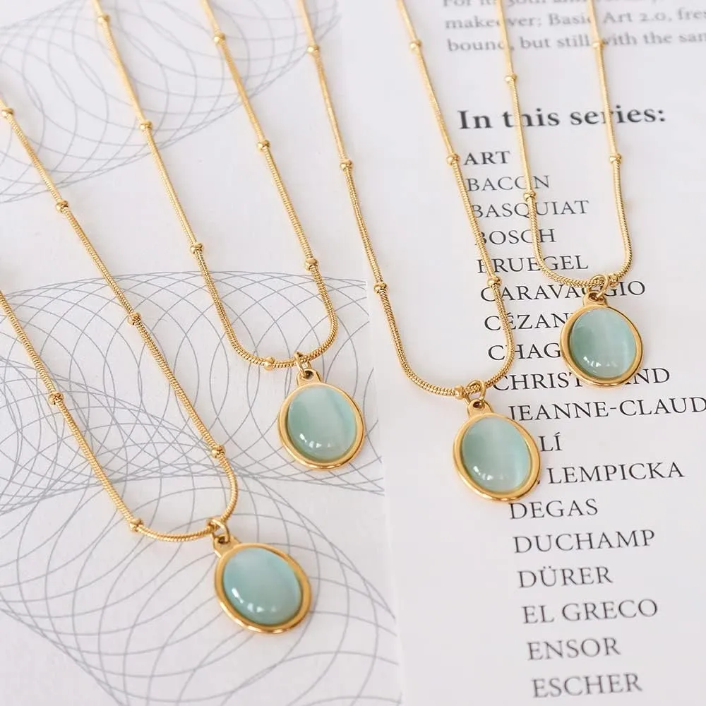 Natural Green Aventurine Stone Pendant Necklace for Women Dainty 18K Plated Gold Chain Choker Necklace,Layered Necklace,Jewelry Set Non Tarnish