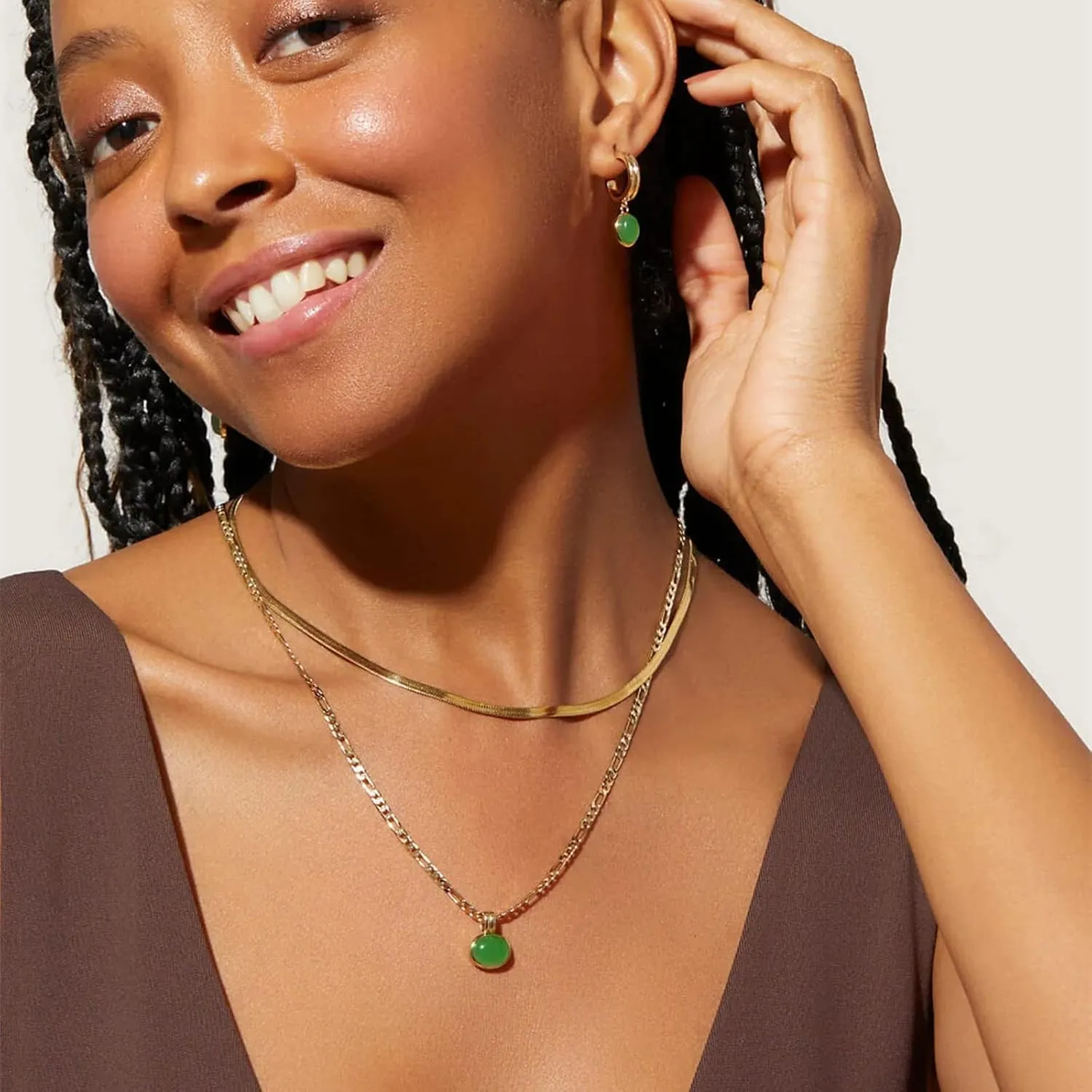 Natural Green Aventurine Stone Pendant Necklace for Women Dainty 18K Plated Gold Chain Choker Necklace,Layered Necklace,Jewelry Set Non Tarnish