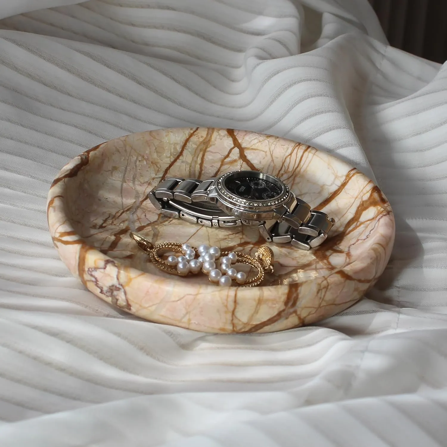 Natural Marble Jewelry Dish Tray 5.5", Ring Holder, Trinket Dish for Earrings Necklaces Bracelet Watch Keys (Pink Marble)