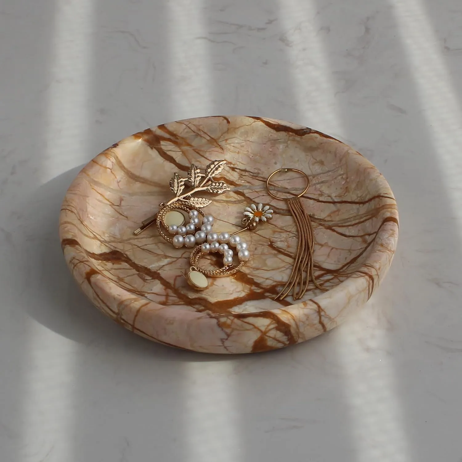 Natural Marble Jewelry Dish Tray 5.5", Ring Holder, Trinket Dish for Earrings Necklaces Bracelet Watch Keys (Pink Marble)