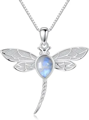 Natural Moonstone Dragonfly Necklace for Women 925 Sterling Silver Pear Moonstone Pendant Necklaces June Birtstone Jewelry Birthday Gift for Her