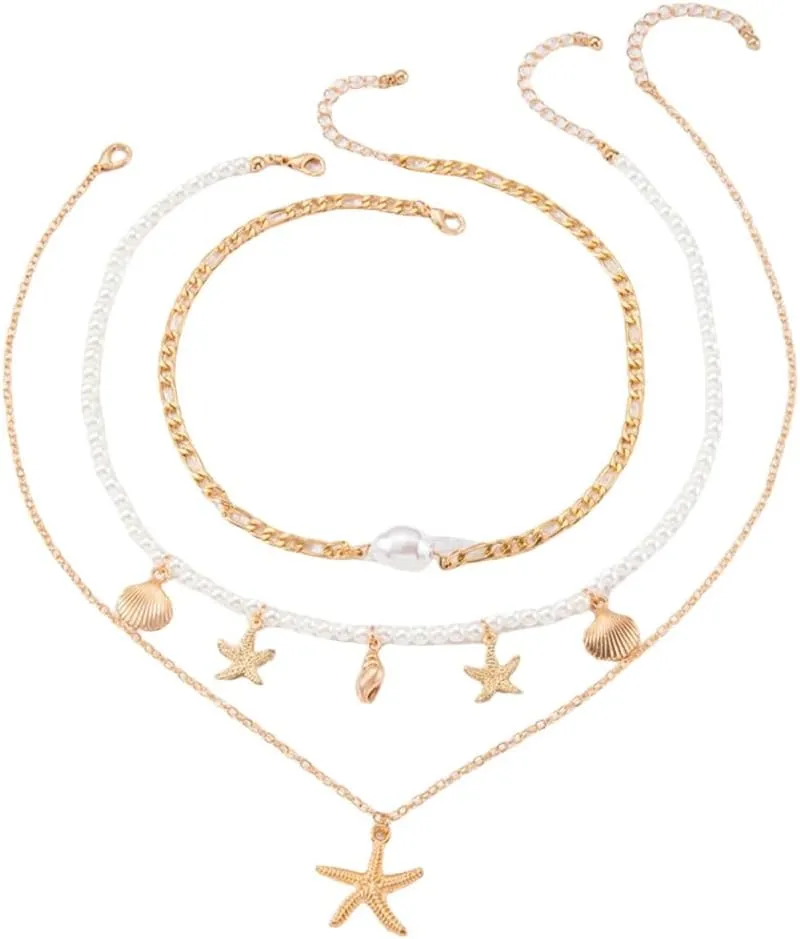 Natural Seashell Starfish Beaded Necklace for Women, Bohemian Summer Shell Layered NecklaceShell Pearl Necklaces,Tropical Beach Party JewelryOcean Jewelry Accessories