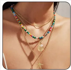 Natural Seashell Starfish Beaded Necklace for Women, Bohemian Summer Shell Layered NecklaceShell Pearl Necklaces,Tropical Beach Party JewelryOcean Jewelry Accessories